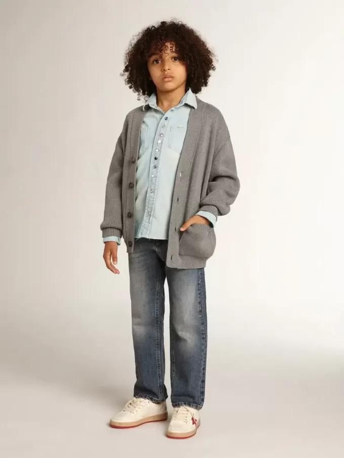 Cardigan din bumbac gri cu logo pe spate Cardigan din bumbac gri cu logo pe spate