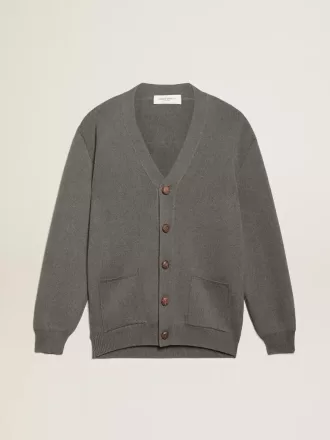 Cardigan din bumbac gri melanj pentru femei, cu logo pe spate