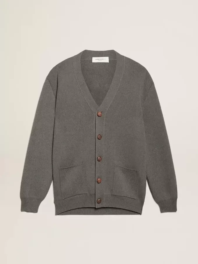 Cardigan din bumbac gri melanj pentru femei, cu logo pe spate Cardigan din bumbac gri melanj pentru femei, cu logo pe spate