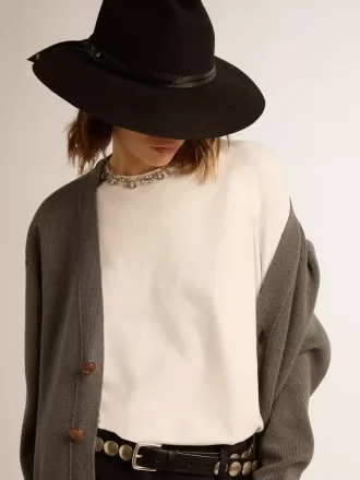 Cardigan din bumbac gri melanj pentru femei, cu logo pe spate