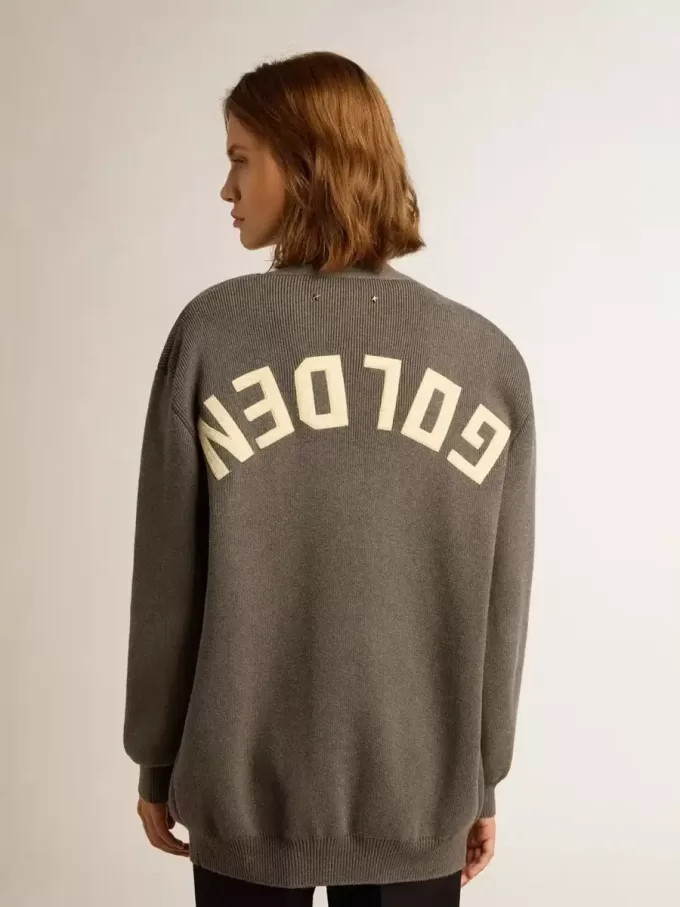 Cardigan din bumbac gri melanj pentru femei, cu logo pe spate Cardigan din bumbac gri melanj pentru femei, cu logo pe spate