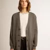 Cardigan din bumbac gri melanj pentru femei, cu logo pe spate Cardigan din bumbac gri melanj pentru femei, cu logo pe spate