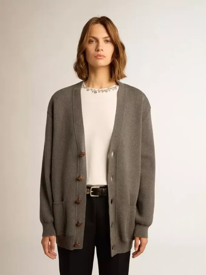 Cardigan din bumbac gri melanj pentru femei, cu logo pe spate Cardigan din bumbac gri melanj pentru femei, cu logo pe spate