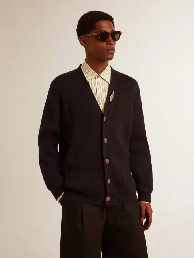 Cardigan Golden Collection din bumbac albastru închis cu finisaj uzat Cardigan Golden Collection din bumbac albastru închis cu finisaj uzat