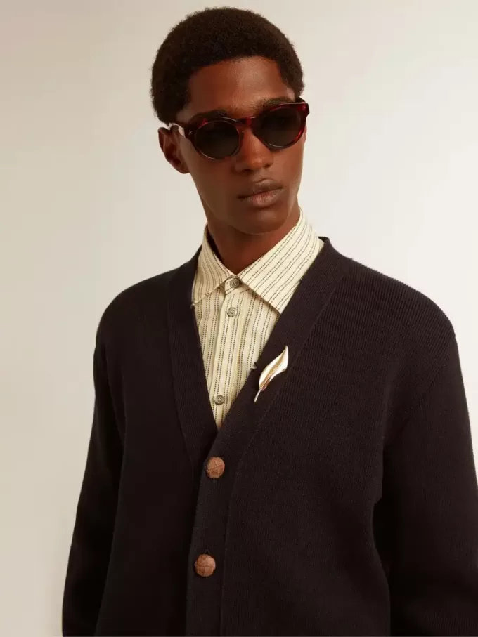 Cardigan Golden Collection din bumbac albastru închis cu finisaj uzat Cardigan Golden Collection din bumbac albastru închis cu finisaj uzat