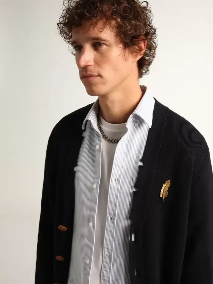 Cardigan Golden Collection din bumbac albastru închis cu finisaj uzat Cardigan Golden Collection din bumbac albastru închis cu finisaj uzat