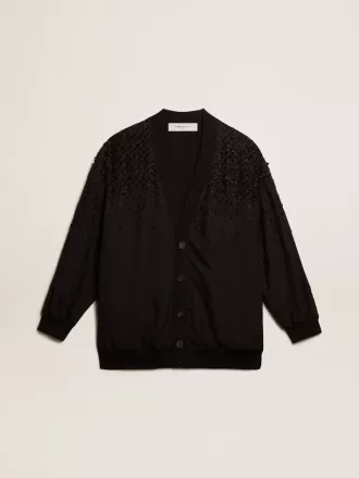 Cardigan negru pentru femei cu broderie în nuanțe