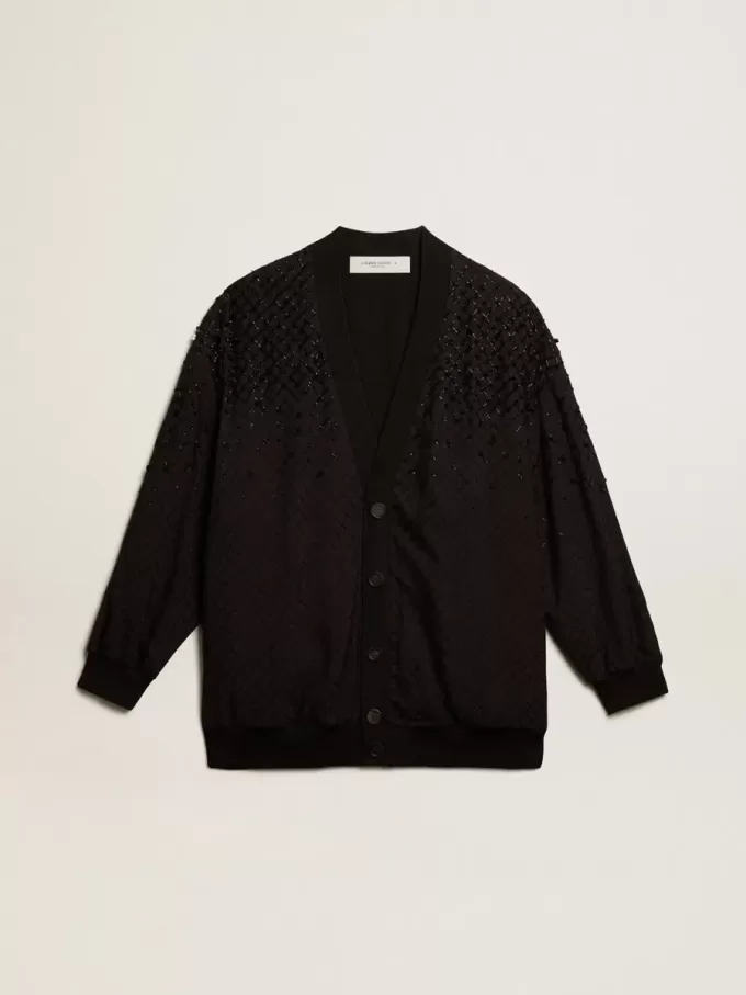 Cardigan negru pentru femei cu broderie în nuanțe