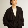 Cardigan negru pentru femei cu broderie în nuanțe