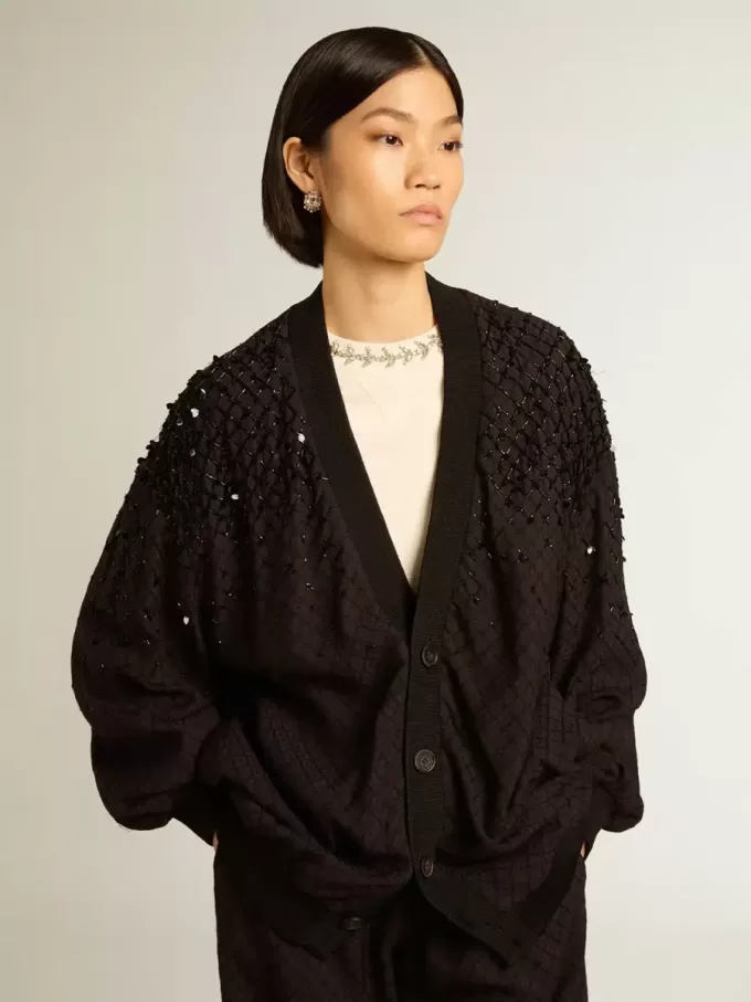 Cardigan negru pentru femei cu broderie în nuanțe