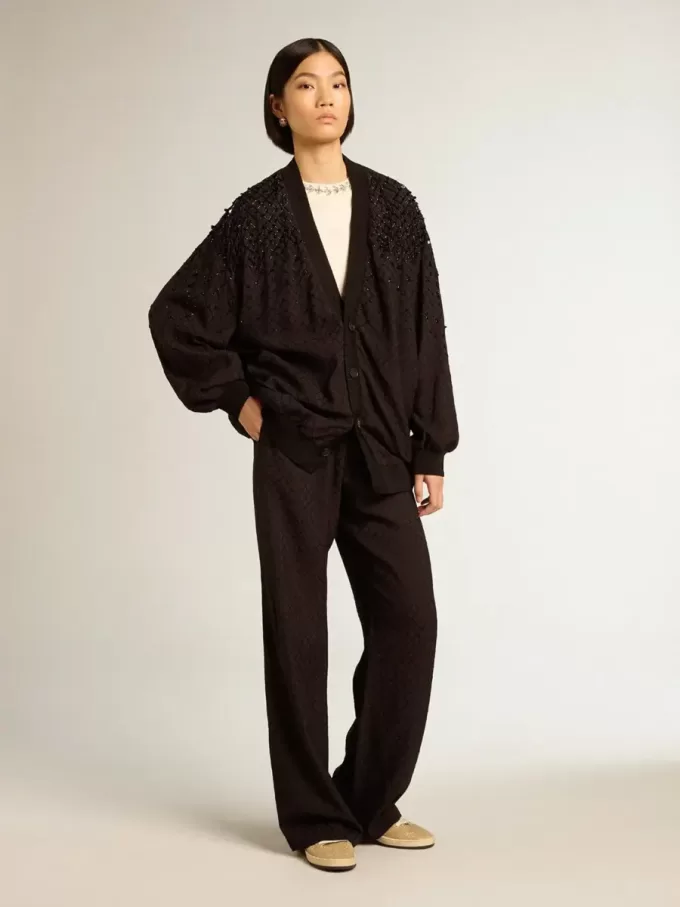 Cardigan negru pentru femei cu broderie în nuanțe