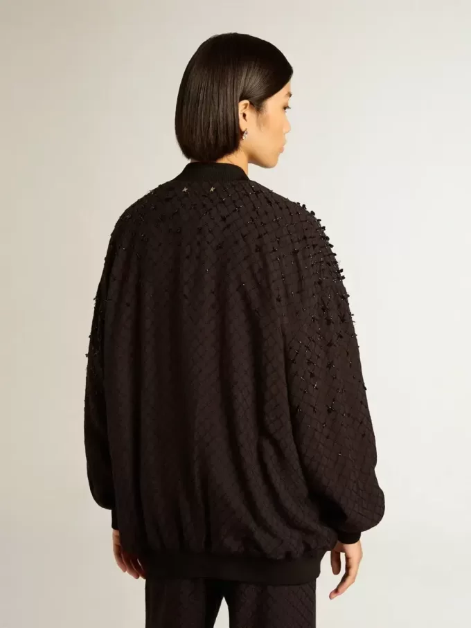 Cardigan negru pentru femei cu broderie în nuanțe