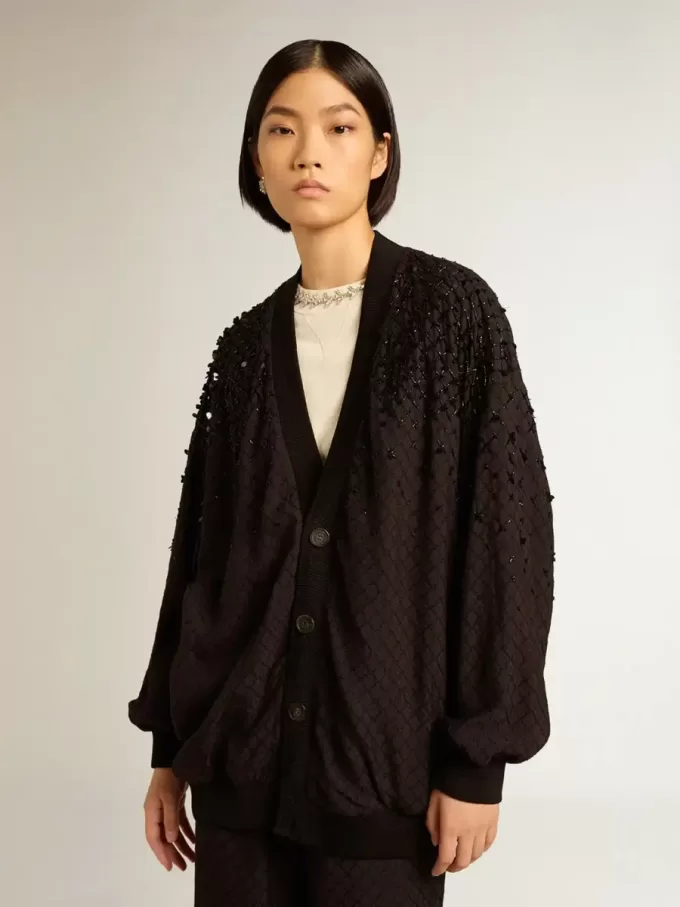 Cardigan negru pentru femei cu broderie în nuanțe