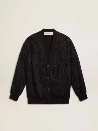 Cardigan negru pentru femei cu broderie ton pe ton cu mărgele toile de jouy