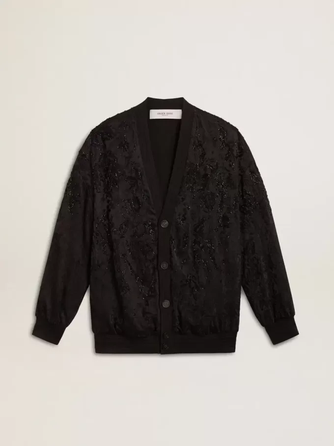 Cardigan negru pentru femei cu broderie ton pe ton cu mărgele toile de jouy Cardigan negru pentru femei cu broderie ton pe ton cu mărgele toile de jouy
