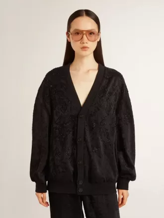 Cardigan negru pentru femei cu broderie ton pe ton cu mărgele toile de jouy