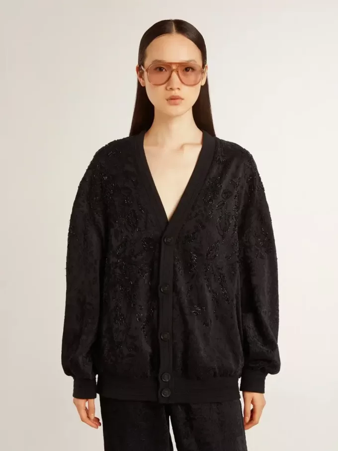 Cardigan negru pentru femei cu broderie ton pe ton cu mărgele toile de jouy Cardigan negru pentru femei cu broderie ton pe ton cu mărgele toile de jouy