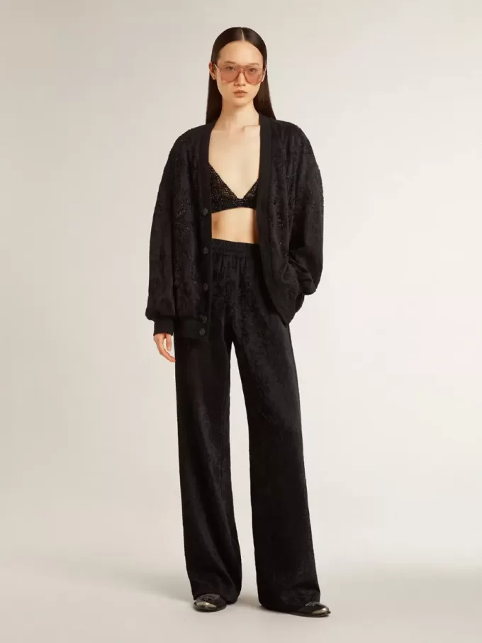 Cardigan negru pentru femei cu broderie ton pe ton cu mărgele toile de jouy Cardigan negru pentru femei cu broderie ton pe ton cu mărgele toile de jouy