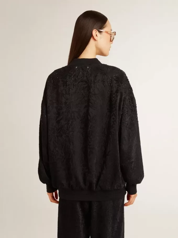Cardigan negru pentru femei cu broderie ton pe ton cu mărgele toile de jouy Cardigan negru pentru femei cu broderie ton pe ton cu mărgele toile de jouy