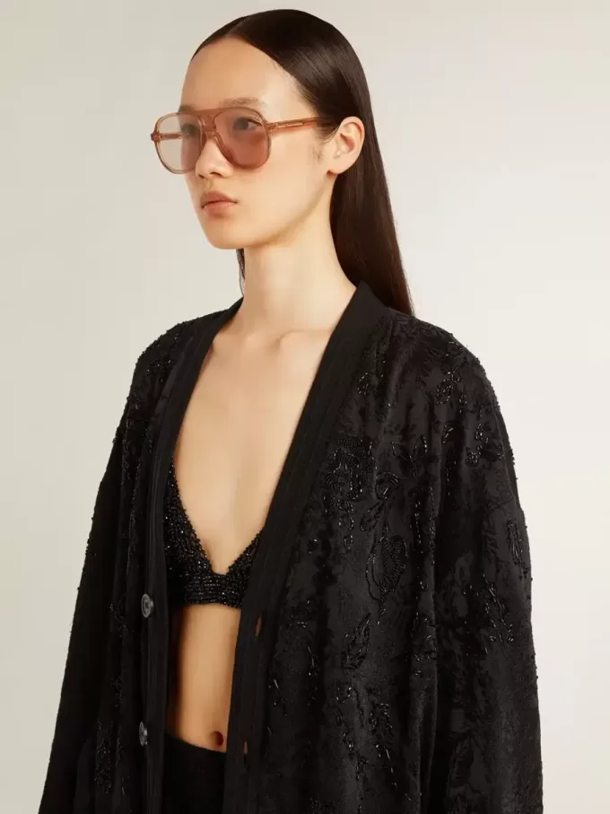 Cardigan negru pentru femei cu broderie ton pe ton cu mărgele toile de jouy Cardigan negru pentru femei cu broderie ton pe ton cu mărgele toile de jouy