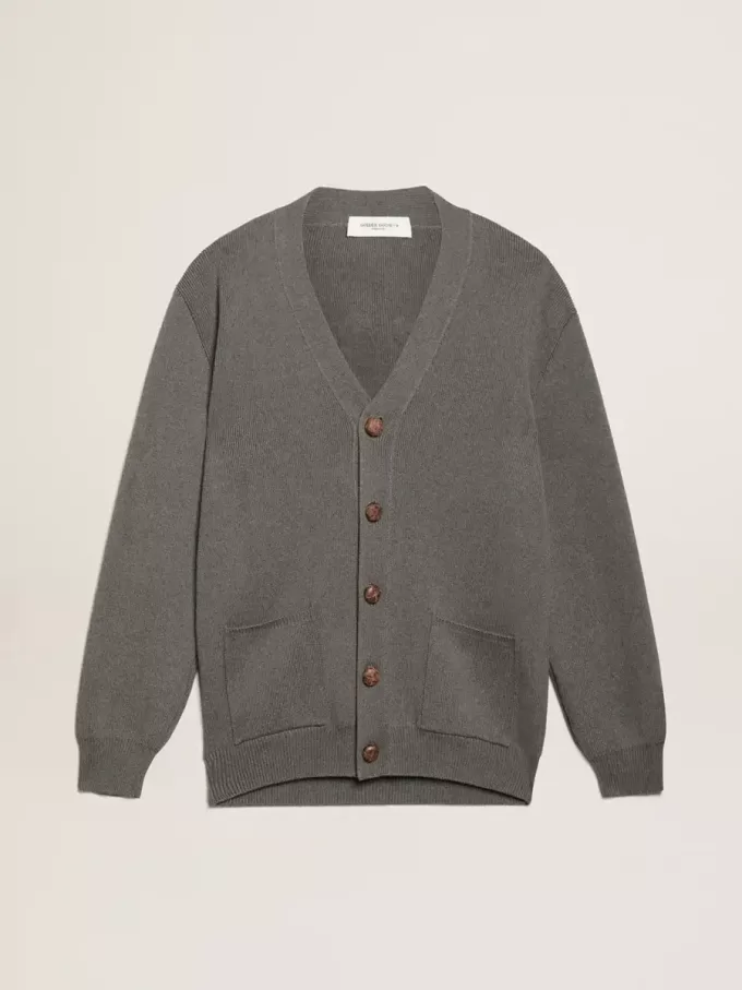 Cardigan pentru bărbați din bumbac gri melanj, cu logo pe spate Cardigan pentru bărbați din bumbac gri melanj, cu logo pe spate