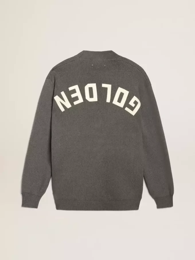 Cardigan pentru bărbați din bumbac gri melanj, cu logo pe spate Cardigan pentru bărbați din bumbac gri melanj, cu logo pe spate
