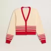 Cardigan pentru femei, de culoare crem, cu dungi roșii Cardigan pentru femei, de culoare crem, cu dungi roșii