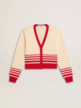 Cardigan pentru femei, de culoare crem, cu dungi roșii