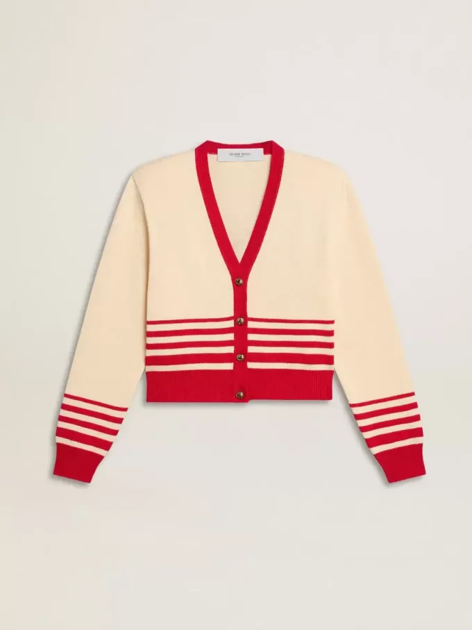 Cardigan pentru femei, de culoare crem, cu dungi roșii Cardigan pentru femei, de culoare crem, cu dungi roșii