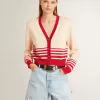 Cardigan pentru femei, de culoare crem, cu dungi roșii Cardigan pentru femei, de culoare crem, cu dungi roșii