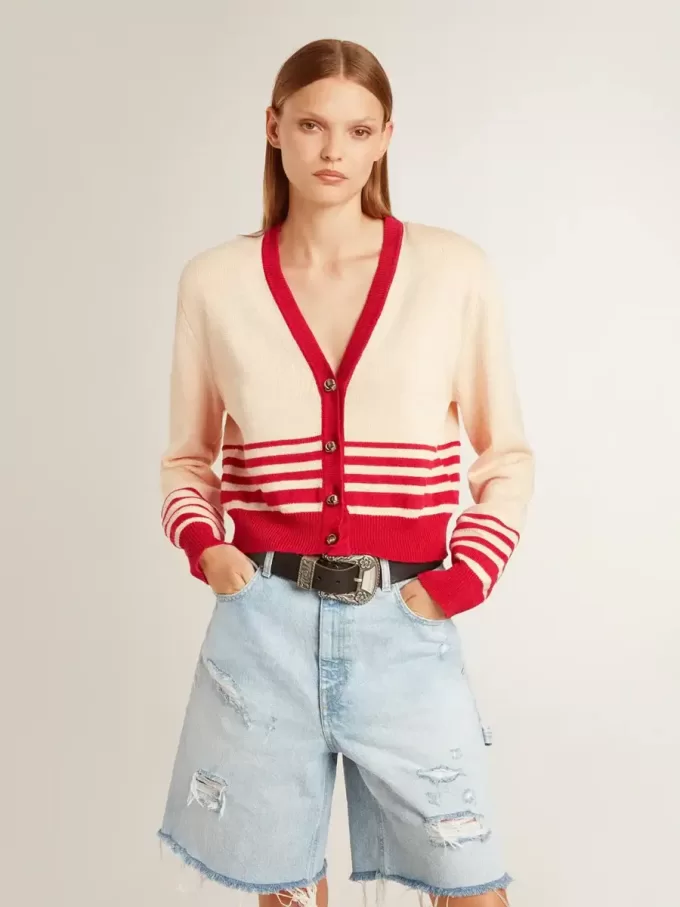 Cardigan pentru femei, de culoare crem, cu dungi roșii Cardigan pentru femei, de culoare crem, cu dungi roșii