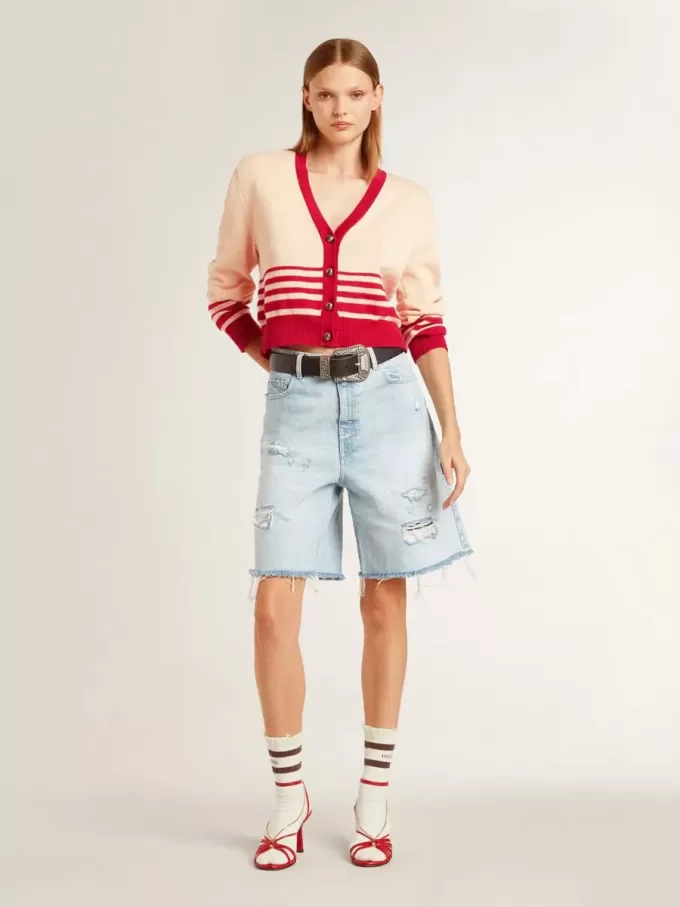 Cardigan pentru femei, de culoare crem, cu dungi roșii Cardigan pentru femei, de culoare crem, cu dungi roșii