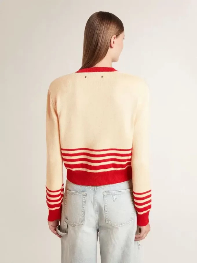 Cardigan pentru femei, de culoare crem, cu dungi roșii Cardigan pentru femei, de culoare crem, cu dungi roșii