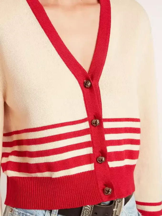 Cardigan pentru femei, de culoare crem, cu dungi roșii Cardigan pentru femei, de culoare crem, cu dungi roșii
