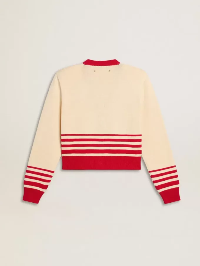 Cardigan pentru femei, de culoare crem, cu dungi roșii Cardigan pentru femei, de culoare crem, cu dungi roșii