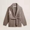 Cardigan pentru femei din lână gri melanj cu broderie pe partea din față
