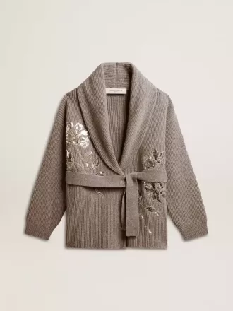 Cardigan pentru femei din lână gri melanj cu broderie pe partea din față