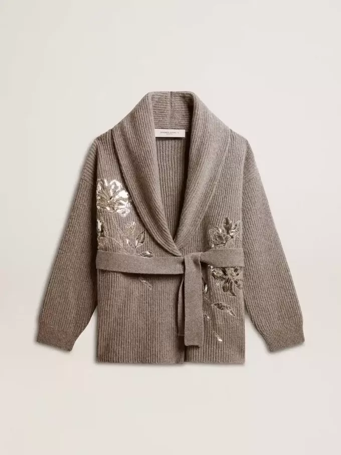 Cardigan pentru femei din lână gri melanj cu broderie pe partea din față