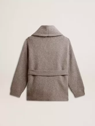 Cardigan pentru femei din lână gri melanj cu broderie pe partea din față
