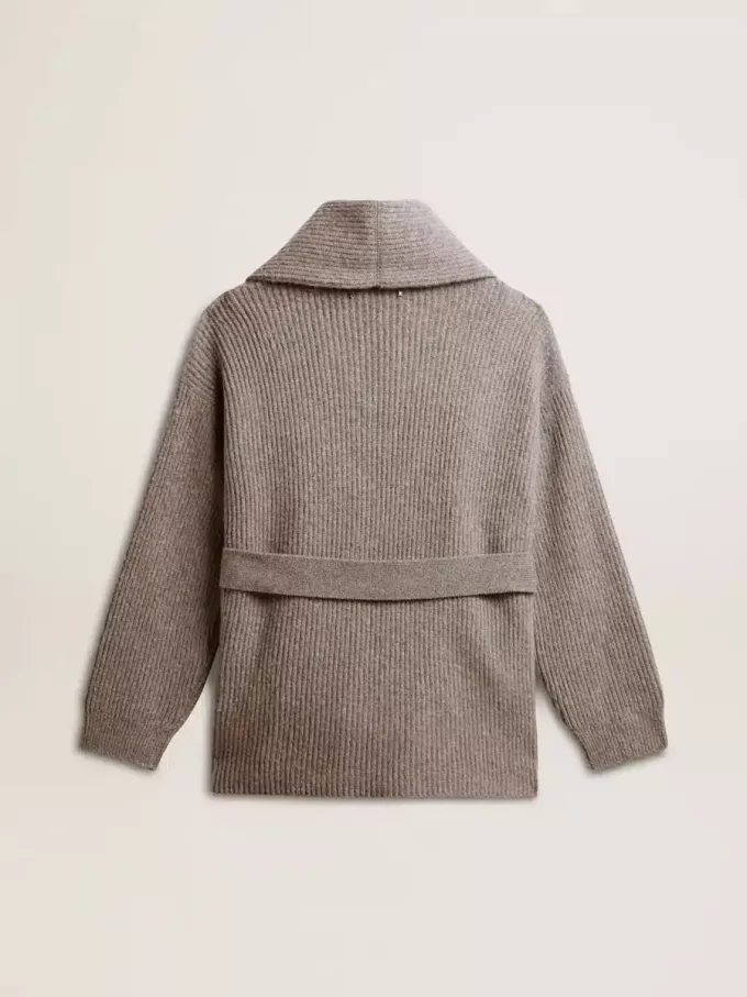 Cardigan pentru femei din lână gri melanj cu broderie pe partea din față