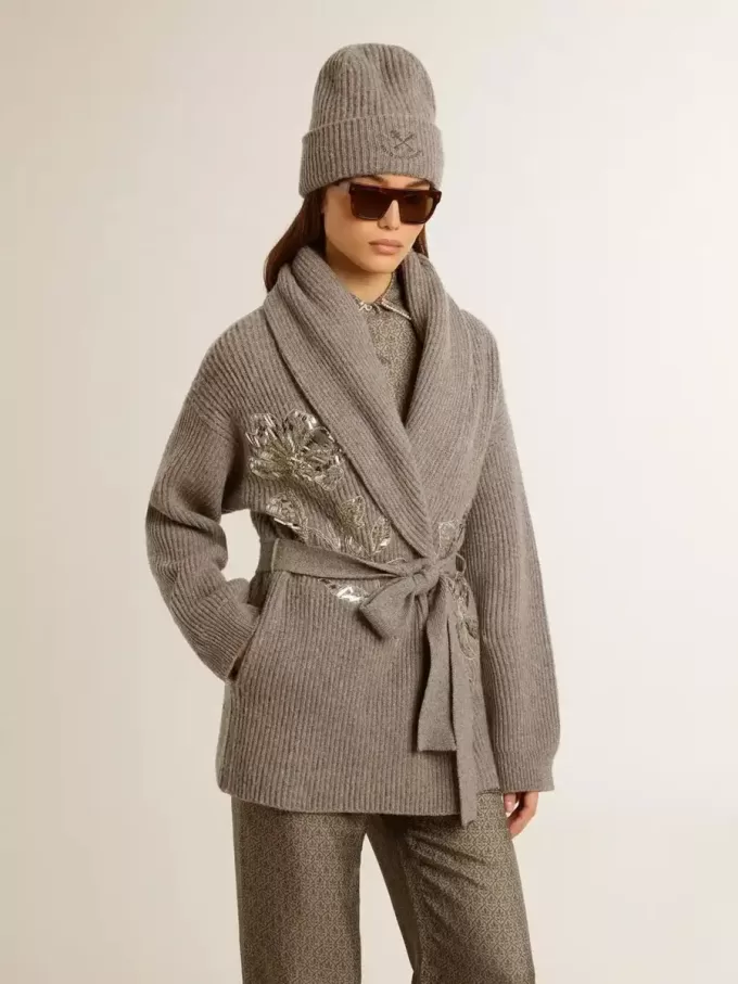 Cardigan pentru femei din lână gri melanj cu broderie pe partea din față