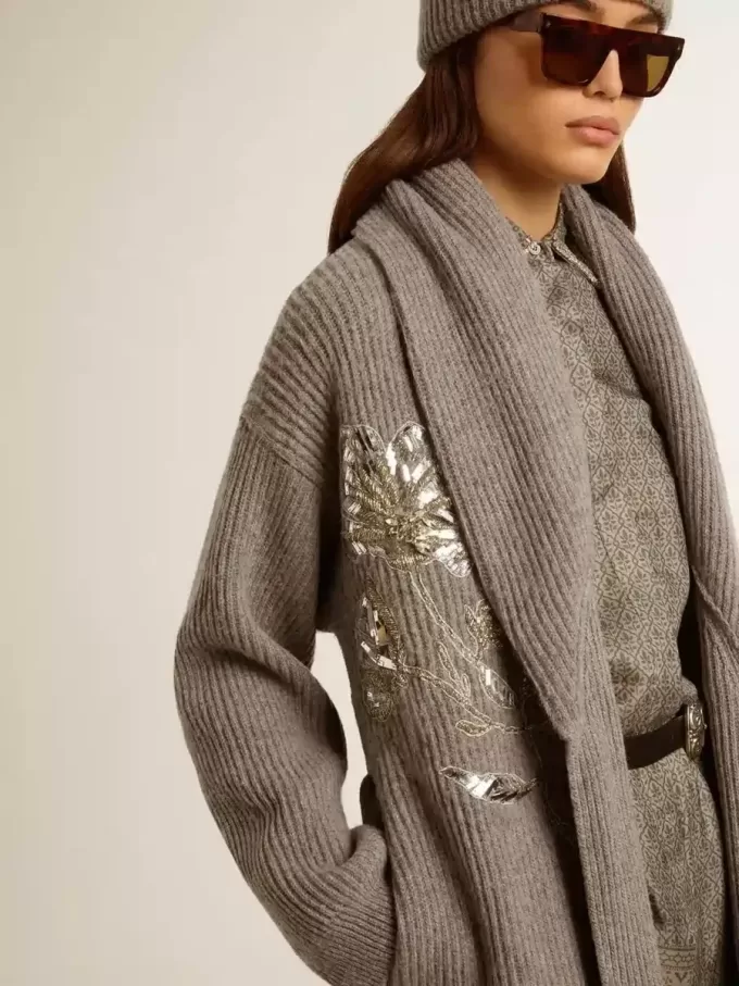 Cardigan pentru femei din lână gri melanj cu broderie pe partea din față