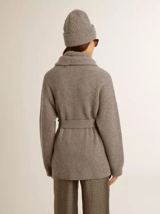 Cardigan pentru femei din lână gri melanj cu broderie pe partea din față