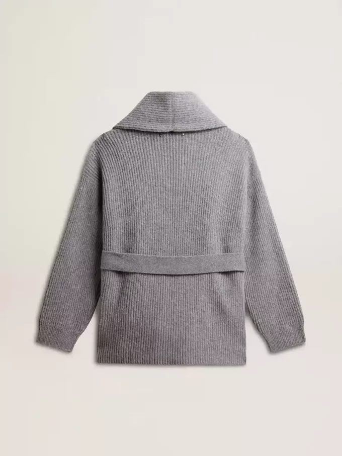 Cardigan pentru femei din lână gri melanj cu broderie pe partea din față