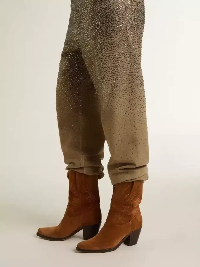 Cizme joase Wish Star pentru femei, din piele de căprioară de culoare coniac, cu broderie în formă de stea Cizme joase Wish Star pentru femei, din piele de căprioară de culoare coniac, cu broderie în formă de stea