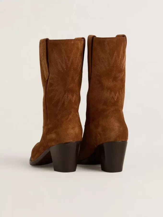 Cizme joase Wish Star pentru femei, din piele de căprioară de culoare coniac, cu broderie în formă de stea Cizme joase Wish Star pentru femei, din piele de căprioară de culoare coniac, cu broderie în formă de stea