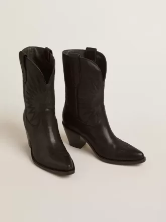 Cizme joase Wish Star pentru femei, din piele neagră, cu broderie în formă de stea