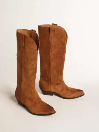 Cizme Wish Star din piele de căprioară cognac cu inserție ton pe ton în formă de stea Cizme Wish Star din piele de căprioară cognac cu inserție ton pe ton în formă de stea