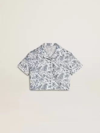 Cămașă albă croită pentru fete, cu imprimeu albastru