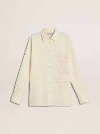 Cămașă din bumbac de culoare crem pentru femei, cu broderie florală